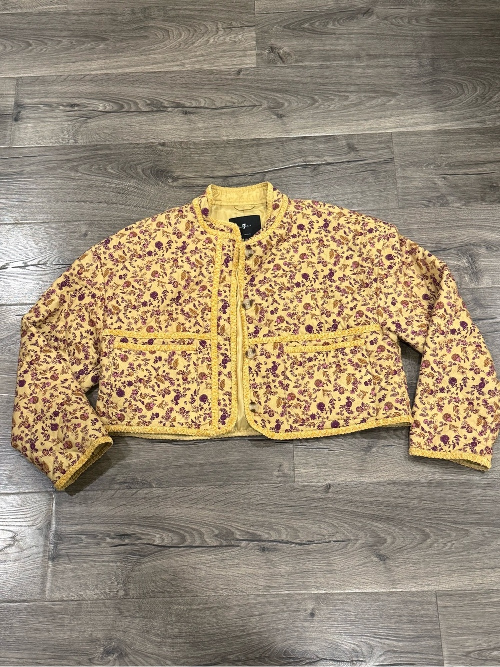 7 For All Mankind Vintage Yellow Floral Cropped Quilted Jacket Size L